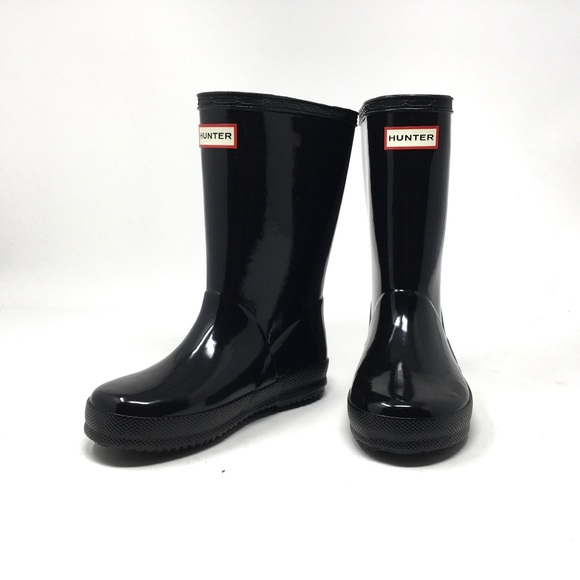 Hunter Kids First Black Gloss Original Tall Rain Boots, 11B/12G